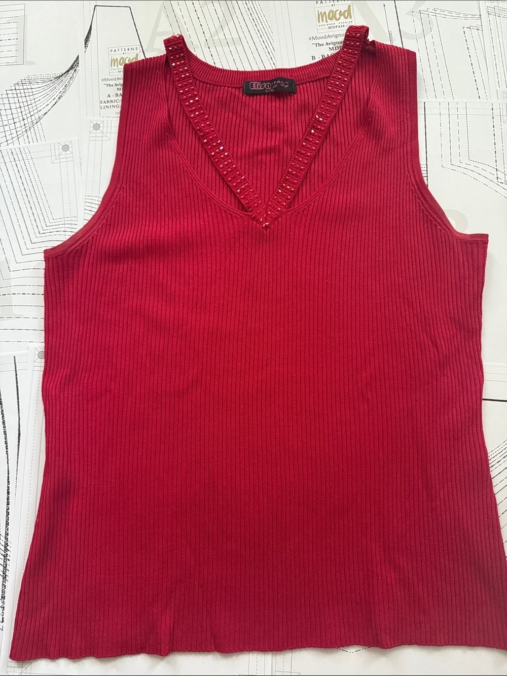 Red Ribbed V-Neck Tank Top with Beaded Trim